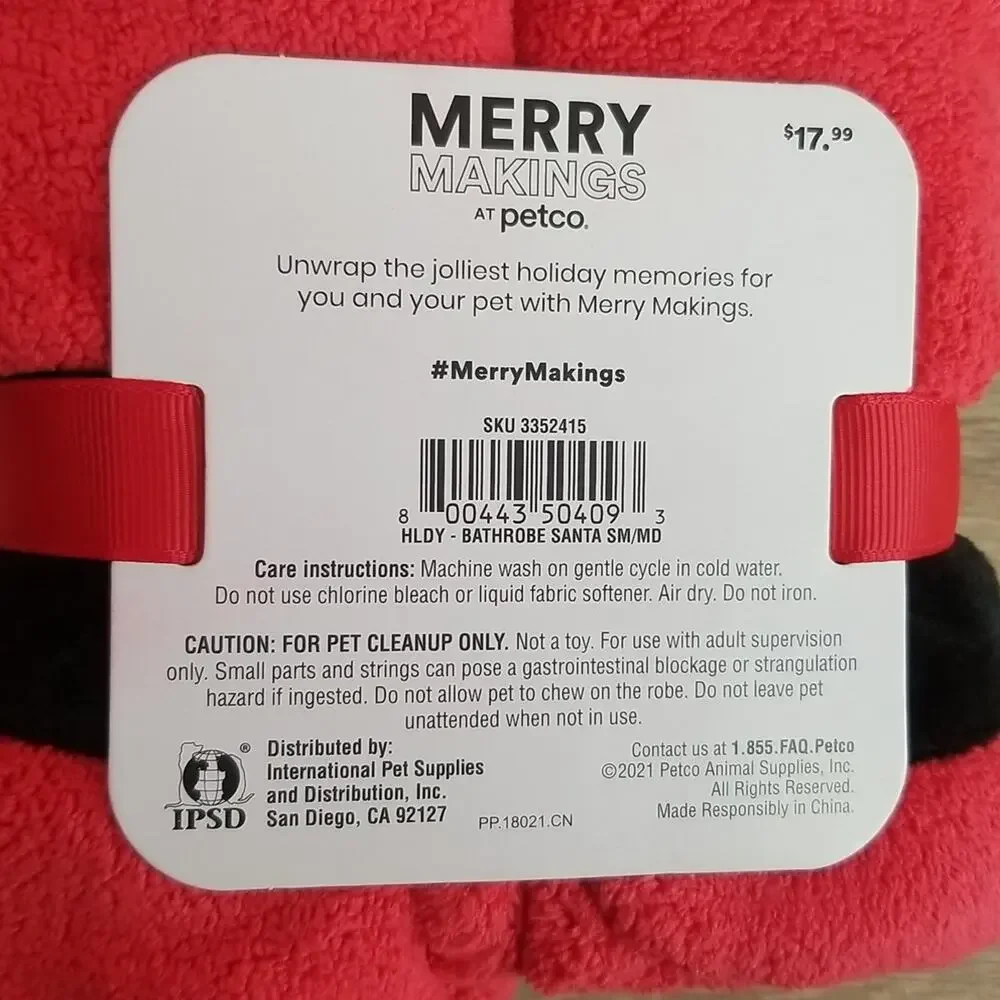 Merry Makings Santa Fleece Pet Bathrobe Size Small 24 X 16 inches